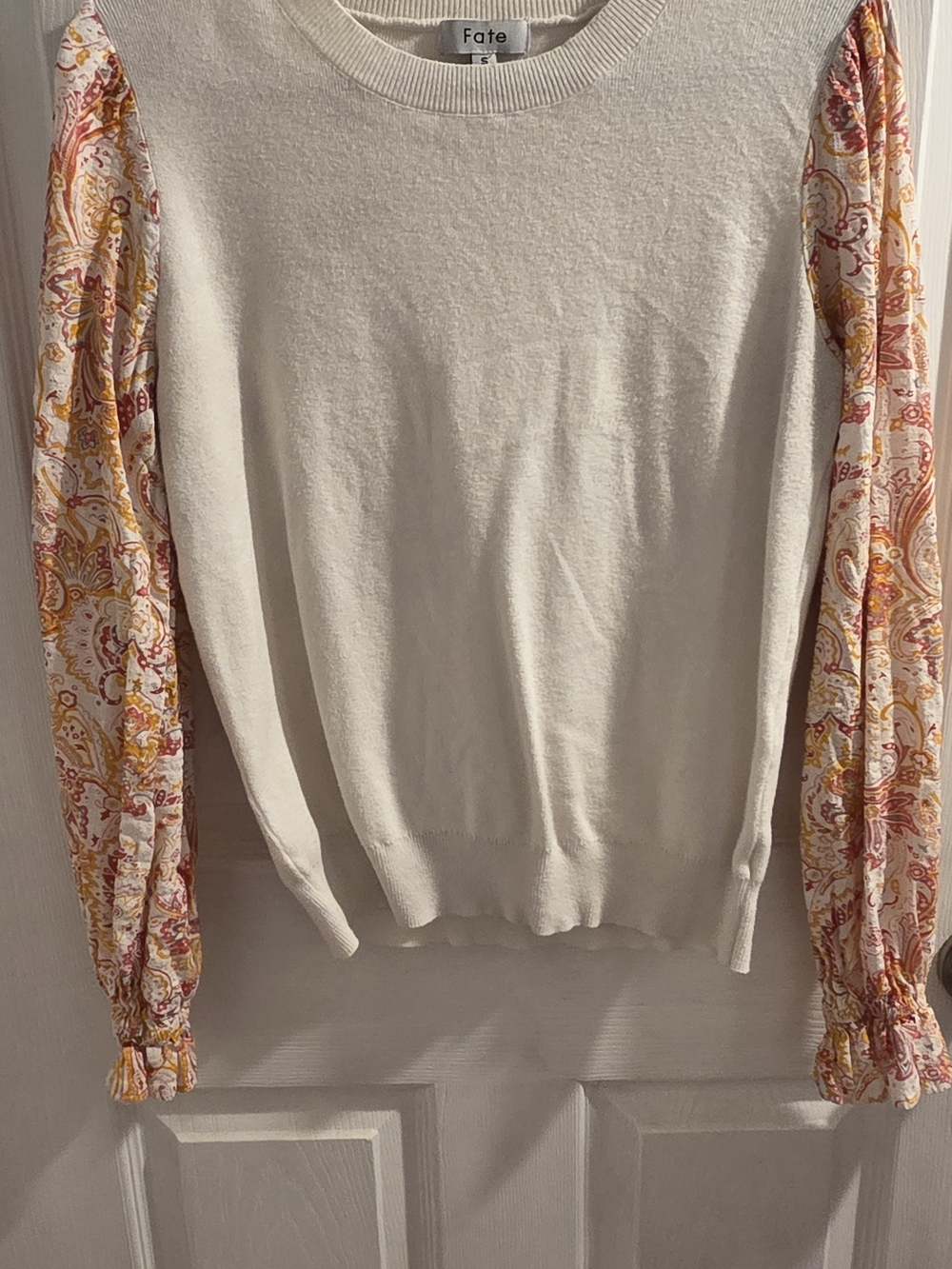 Fate Cream Crewneck Sweater with Pink & Gold Paisley Sleeves